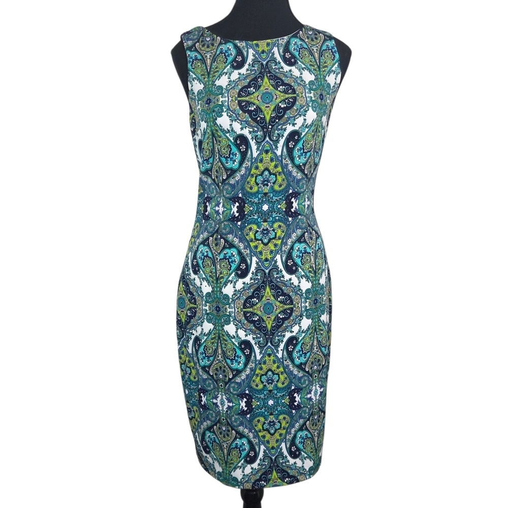 Joseph Ribkoff Blue and Green Paisley Midi Dress With Small Silver Sequins 6 - Picture 2 of 6
